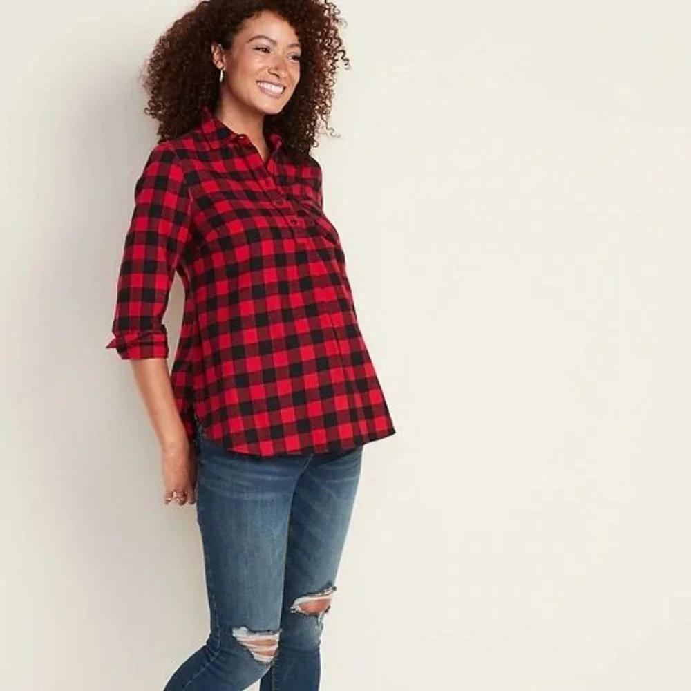 Maternity Plaid Flannel Popover Shirt Green/Blue​ - Picture 4 of 7